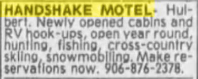 Handshake Motel (Cadys Cove Cabins, Cadys Motel, Cadys Motel) - 1988 Classified Ad (newer photo)